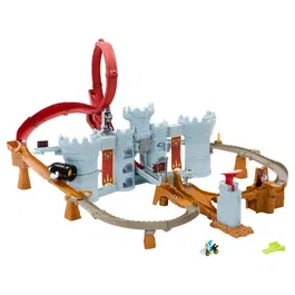 Hot Wheels - Coffret de course Mario Kart Château de Bowser avec lanceur, loopings et véhicule Kamek métallique 1/64 - JHD24