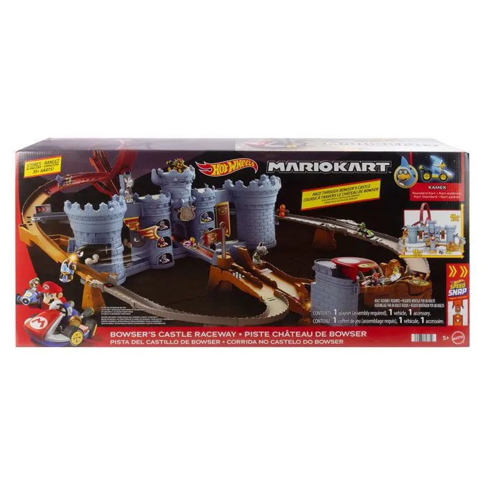 Hot Wheels - Coffret de course Mario Kart Château de Bowser avec lanceur, loopings et véhicule Kamek métallique 1/64 - JHD24