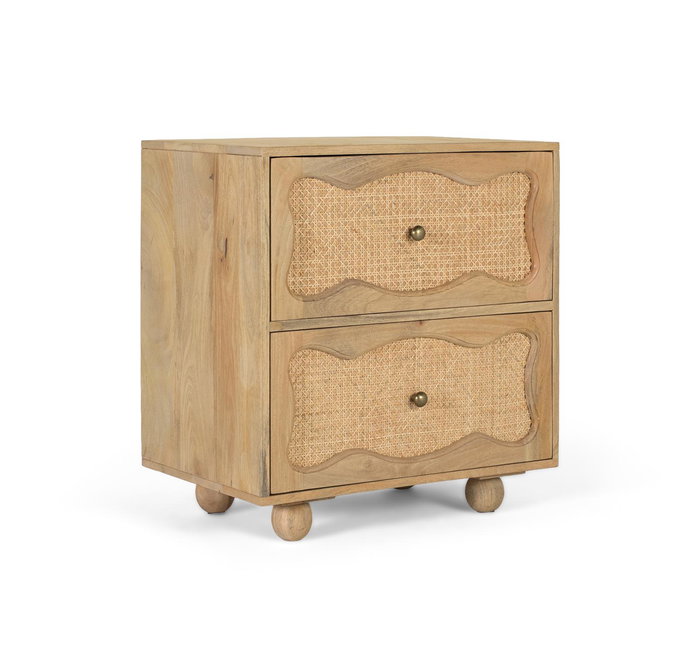GINER Y COLOMER - Table de nuit en bois de manguier avec 2 tiroirs à façade en canne tressée - Design artisanal - Dimensions 60x40x65 cm - Finition naturelle
