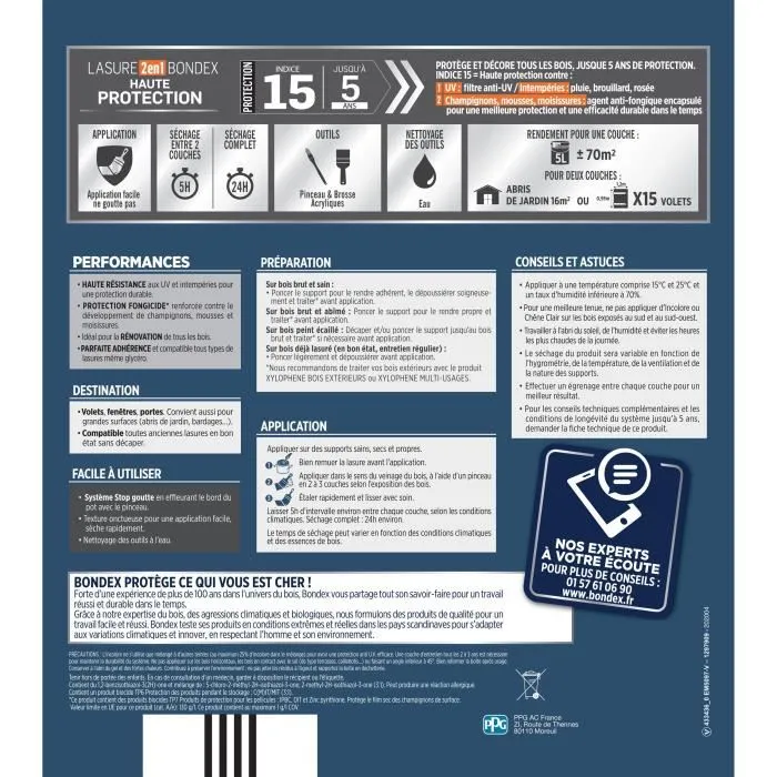 Bondex Lasure Bois 2 en 1 Haute Protection 5 Ans - Chêne Foncé Satiné - 5 Litres