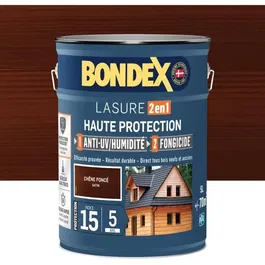 Bondex Lasure Bois 2 en 1 Haute Protection 5 Ans - Chêne Foncé Satiné - 5 Litres
