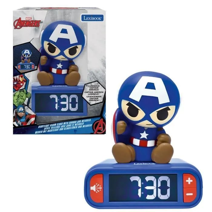 Lexibook - Réveil Veilleuse Digital Captain America 3D Lumineux et Sonore pour Enfant avec 6 Sonneries, Écran LCD Rétroéclairé et Fonction Snooze
