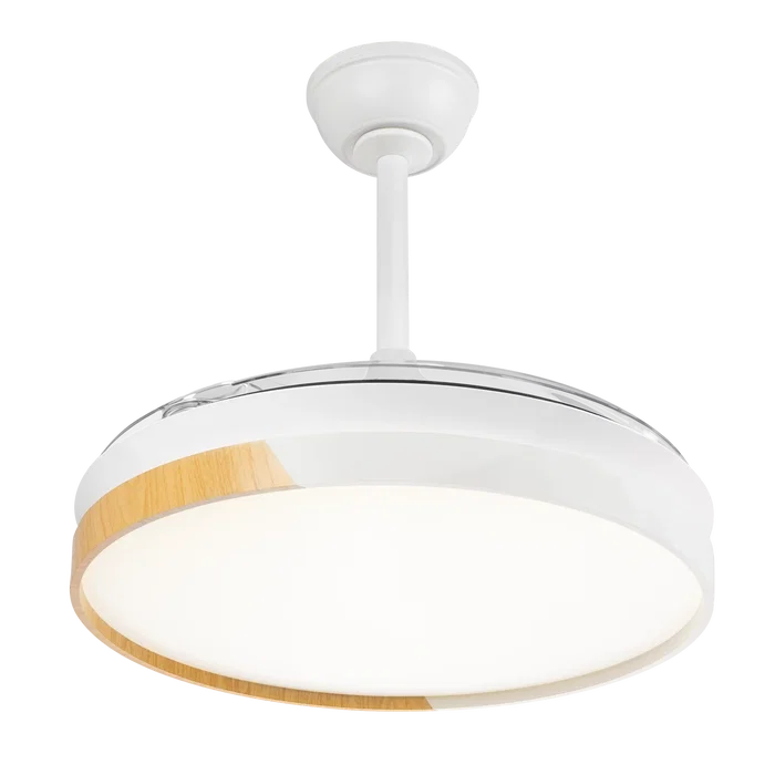 Ventilateur de Plafond LED Blanc/Haya 45W 4400LM CCT, Moteur DC Ultra Silencieux, Fonction Été/Hiver, avec Télécommande et Pales Rétractables