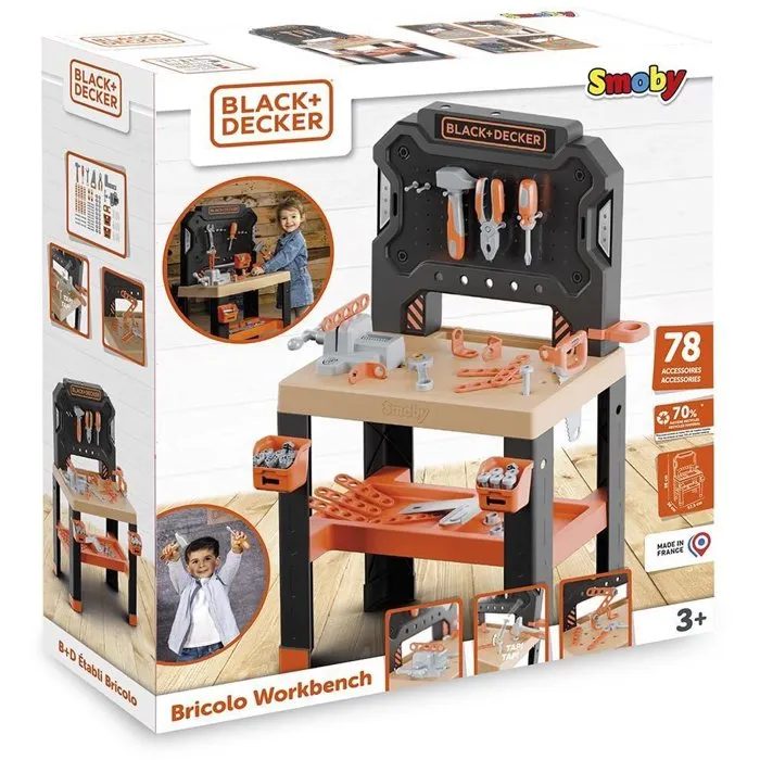 Smoby Etabli Bricolo Black+Decker Jouet d'Imitation - Banc de Travail Enfant avec 78 Accessoires et 7 Outils (Marteau, Scie, Tournevis) - Matière Recyclée - A partir de 3 ans
