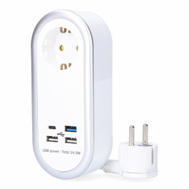Edm Base aérière 1 prise Schuko et 4 USB (3x USB-A + 1x USB-C), Blanc