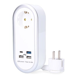 Edm Base multiple 1 prise Schuko 2P+T 4 ports USB (3xUSB-A + 1xUSB-C) 24W Câble 1,5 m 16A 250V Blanc