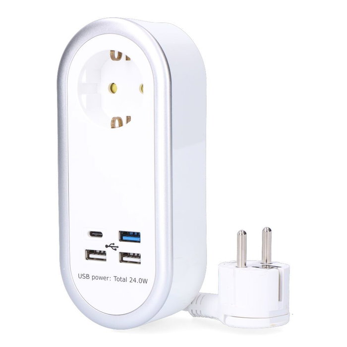 Edm Base multiple 1 prise Schuko 2P+T 4 ports USB (3xUSB-A + 1xUSB-C) 24W Câble 1,5 m 16A 250V Blanc Edm Base multiple 1 prise Schuko 2P+T 4 ports USB (3xUSB-A + 1xUSB-C) 24W Câble 1,5 m 16A 250V Blanc