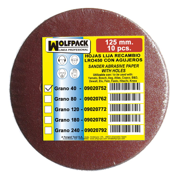 WOLFPACK LINEA PROFESIONAL Disques de ponçage à velcro 125 mm Grain 40 (Pack de 10)
