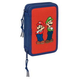SAFTA Plumier Double Compartiment Mamma Mia Super Mario Bros 29 Pièces - Taille 12,5x4x19,5cm avec Crayons, Stylos, Gomme, Taille-Crayon et Feutres