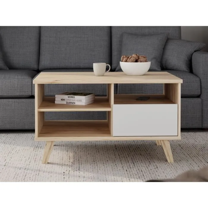 VANKKA - Table basse rectangulaire en chêne naturel et blanc mat avec tiroir et niches de rangement - Pieds en bois - 90 x 60 x 51.8 cm