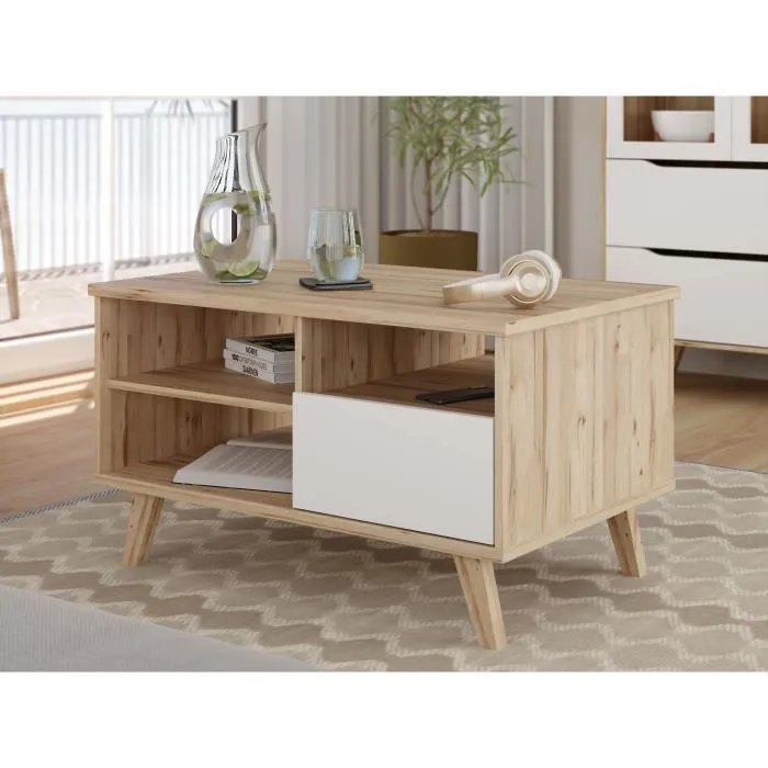 VANKKA - Table basse rectangulaire en chêne naturel et blanc mat avec tiroir et niches de rangement - Pieds en bois - 90 x 60 x 51.8 cm
