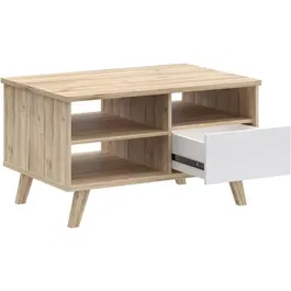 VANKKA - Table basse rectangulaire en chêne naturel et blanc mat avec tiroir et niches de rangement - Pieds en bois - 90 x 60 x 51.8 cm