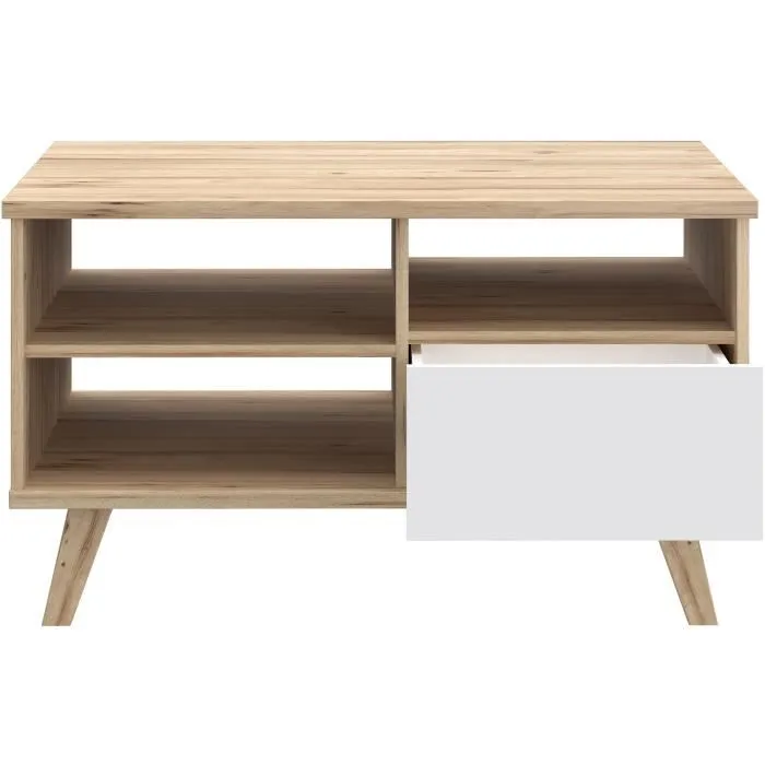 VANKKA - Table basse rectangulaire en chêne naturel et blanc mat avec tiroir et niches de rangement - Pieds en bois - 90 x 60 x 51.8 cm