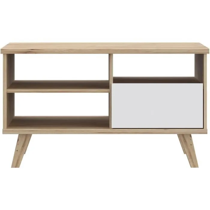VANKKA - Table basse rectangulaire en chêne naturel et blanc mat avec tiroir et niches de rangement - Pieds en bois - 90 x 60 x 51.8 cm