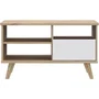 VANKKA - Table basse rectangulaire en chêne naturel et blanc mat avec tiroir et niches de rangement - Pieds en bois - 90 x 60 x 51.8 cm