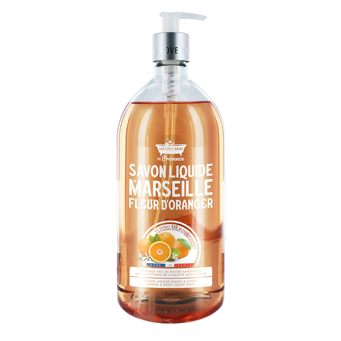 Savon liquide Les Petites Bains de Provence Marseille Fleur d'oranger pour les mains et le corps, 1000 ml Savon liquide Les Petites Bains de Provence Marseille Fleur d'oranger pour les mains et le corps, 1000 ml