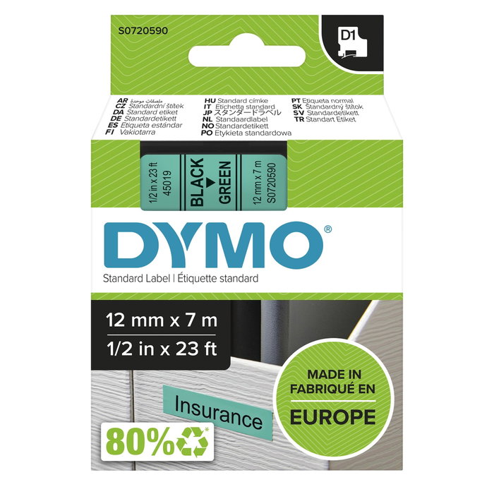 Dymo Ruban d'étiquetage D1 12mm x 7m Noir sur Vert (S0720590)