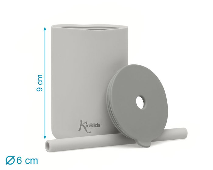 KioKids Ecofriendly Goblet en Silicone Gris avec Paille, 180 ml, pour Bébés +6 Mois, Résistant Micro-Ondes et Lave-Vaisselle