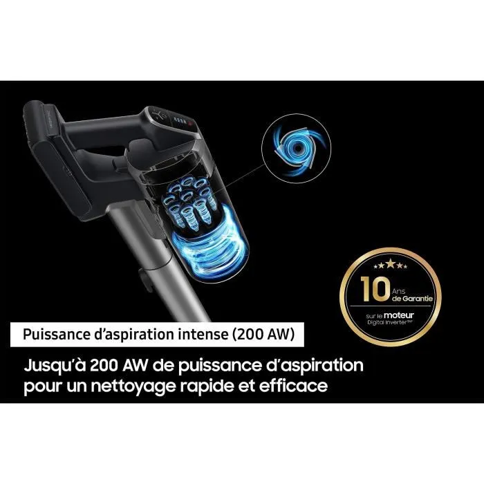 Samsung Aspirateur Balai Sans Fil Jet 75E Turbo - 200 AW - Brosse Motorisée Turbo Action - Autonomie 60 min - Réduction Allergènes - Digital Inverter - 9 Cyclones