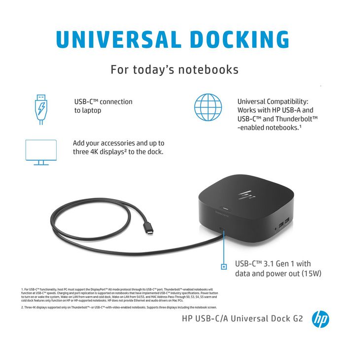 HP Station d'accueil USB-C G5 26D32AA - 100W, 9 ports (USB-A, USB-C, HDMI, DisplayPort, RJ45) pour PC portable - Noir