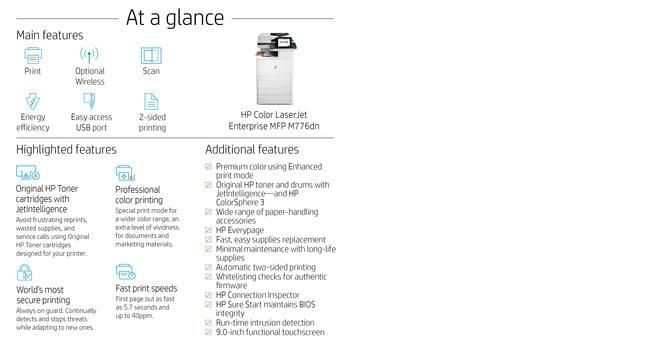 HP Color LaserJet Enterprise M776dn - Imprimante laser multifonction couleur professionnelle, A3, 45 ppm, recto-verso, réseau