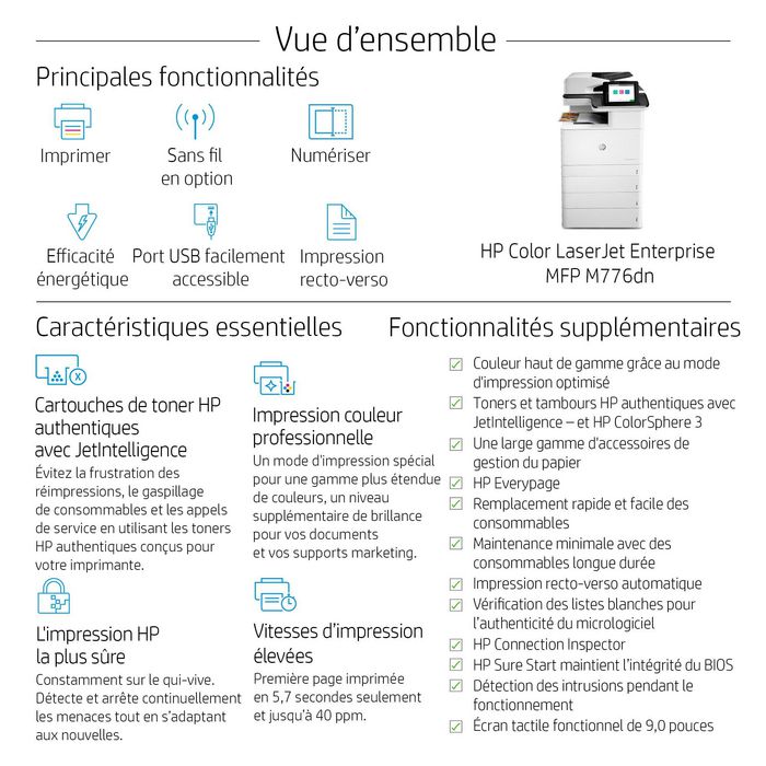 HP Color LaserJet Enterprise M776dn - Imprimante laser multifonction couleur professionnelle, A3, 45 ppm, recto-verso, réseau