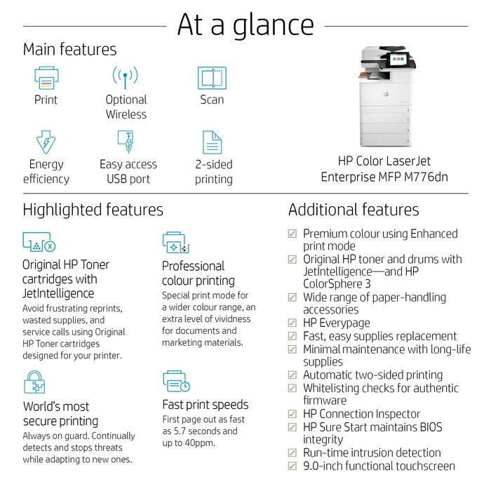 HP Color LaserJet Enterprise M776dn - Imprimante laser multifonction couleur professionnelle, A3, 45 ppm, recto-verso, réseau