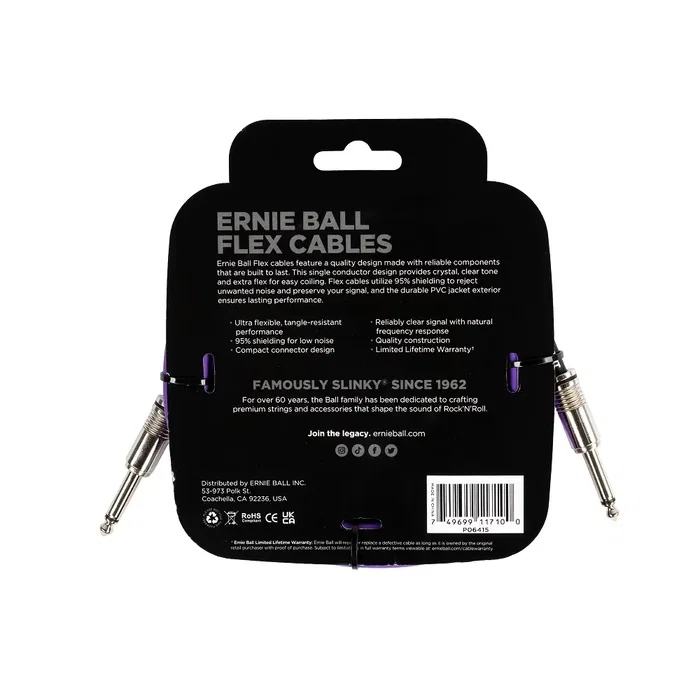 Ernieball Câble Instrument Flex Jack-Jack 3 m SS Violet – Blindage 95%, Ultra Flexible