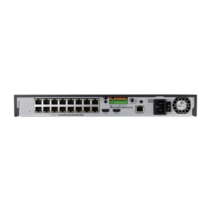 Hanwha 16CH NVR - Enregistreur vidéo réseau 16 canaux, compatible caméras 8MP, H.265, ports PoE, support SATA jusqu'à 20TB