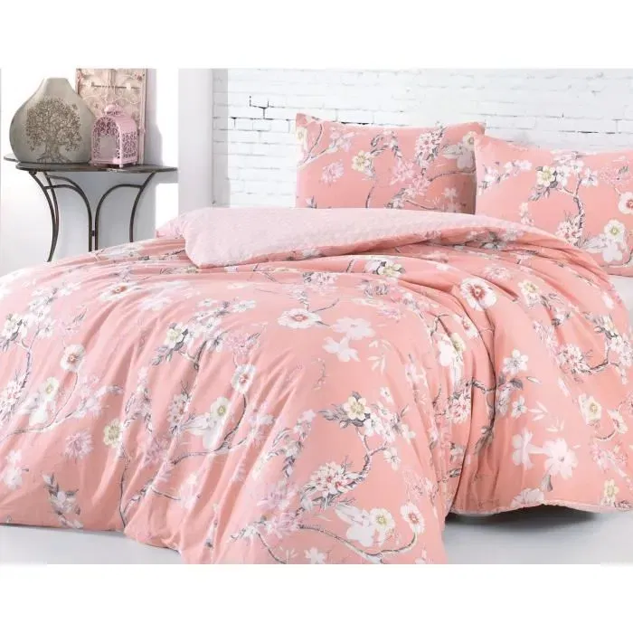 Parure de lit King 240 x 220 cm, housse de couette avec 2 taies d'oreiller 60 x 60 cm, 100% coton renforcé 140 fils, couleur poudre, lavable machine