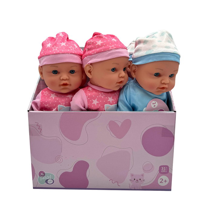 Tachan - Poupon Doux et Léger 31 cm - 6 Poupons en Expositor - Modèles Rosa et Azul aléatoires avec vêtements amovibles - Réf. T00992