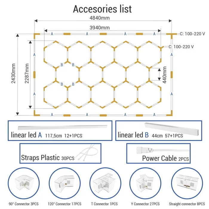 Lámpara LED hexagonal - 6000K - 14 hexágonos 44cm + Rectángulo 500cm - 500W 55000 lúmenes