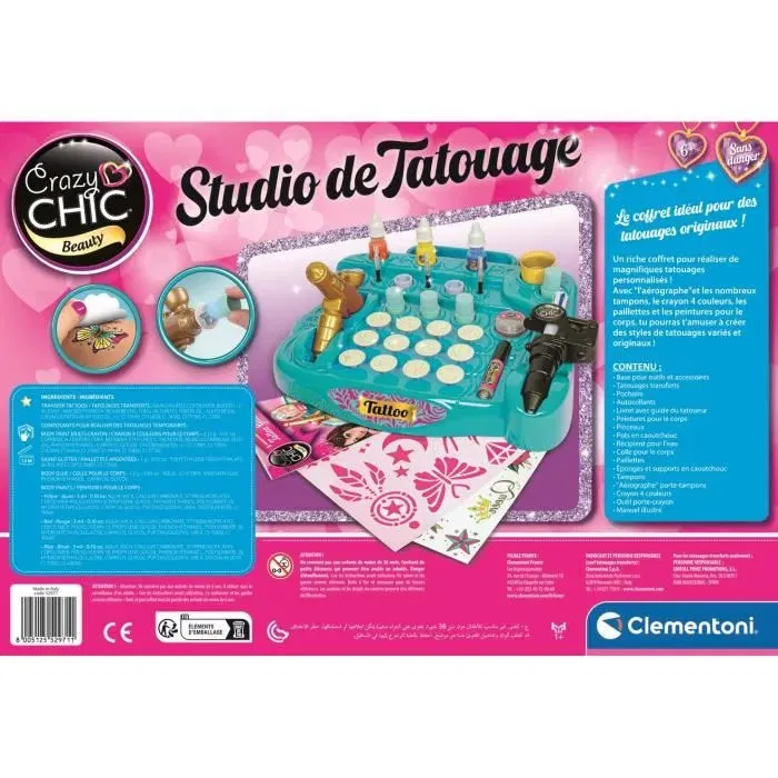Clementoni - Studio de Tatouage Temporaire pour Enfants, Kit Complet avec Machine, Mines, Pochoirs et Transferts - Jouet Créatif dès 7 Ans