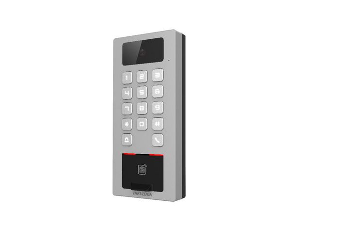 Hikvision DS-K1T502DBFWX-C Panneau de contrôle d'accès avec interphone vidéo IP65 IK09, authentification par carte/empreinte digitale/code PIN, Wi-Fi, application Hik-Connect