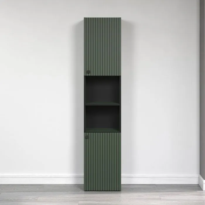 Calicosy - Colonne de salle de bain PUREBLISS 2 portes 2 niches, H186 cm, style intemporel, finition vert sauge et noir mat