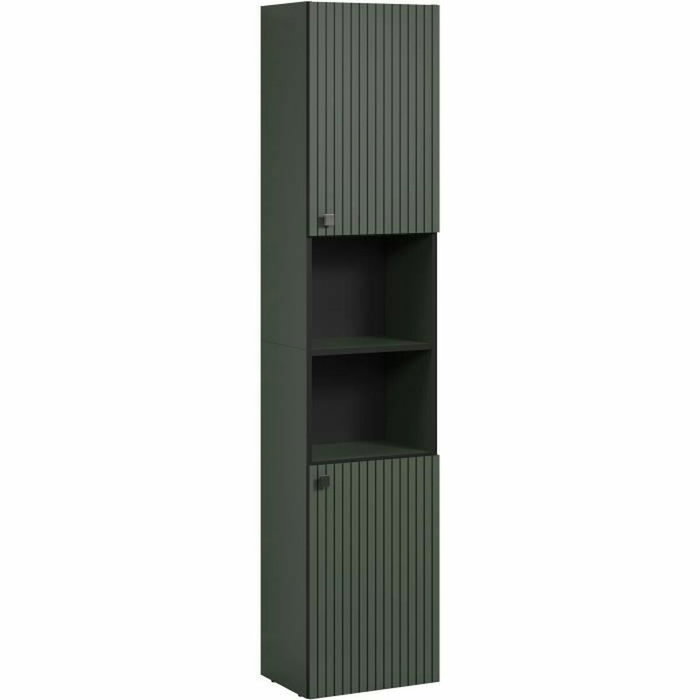 Calicosy Colonne de salle de bain rainurée 2 portes et 2 niches, Vert sauge et noir mat Calicosy Colonne de salle de bain rainurée 2 portes et 2 niches, Vert sauge et noir mat