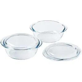 Pyrex - Lot de 2 cocottes en verre ronde, 2,3 L - Résistante aux chocs thermiques -40°C à +350°C, sans BPA, poignées latérales