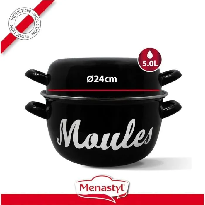 Menastyl Marmite à Moules 24 cm en Acier Émaillé Noir, Plat/Couvercle Réversible, Compatible Tous Feux Dont Induction, Réf. 3645564