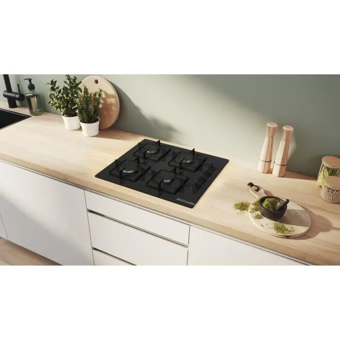 Bosch Table de Cuisson Gaz Série 2 4 Foyers 60 cm Noir Verre Trempé - Réf. POP6B6K30 (52 x 59 x 5.4 cm)