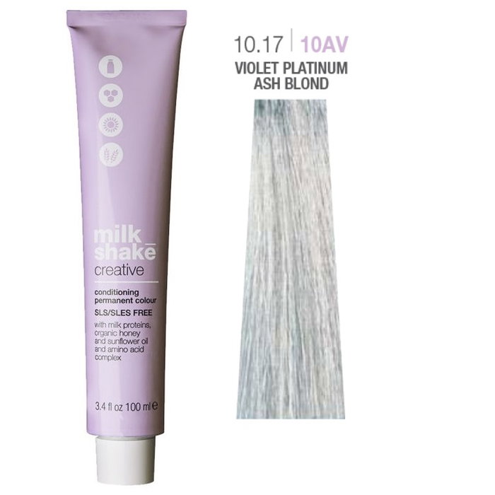 Milk Shake Teinture permanente Creative 10.1710AV Violet Platinum Ash Blond - Sans SLS/SLES - 100 ml Milk Shake Teinture permanente Creative 10.1710AV Violet Platinum Ash Blond - Sans SLS/SLES - 100 ml