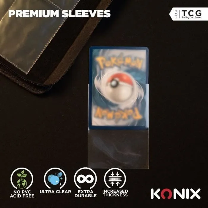 Konix Premium Sleeves - Protege-cartes - 100 pochettes 64x89 mm - Compatible Magic The Gathering et Pokémon - Plastique transparent sans acide