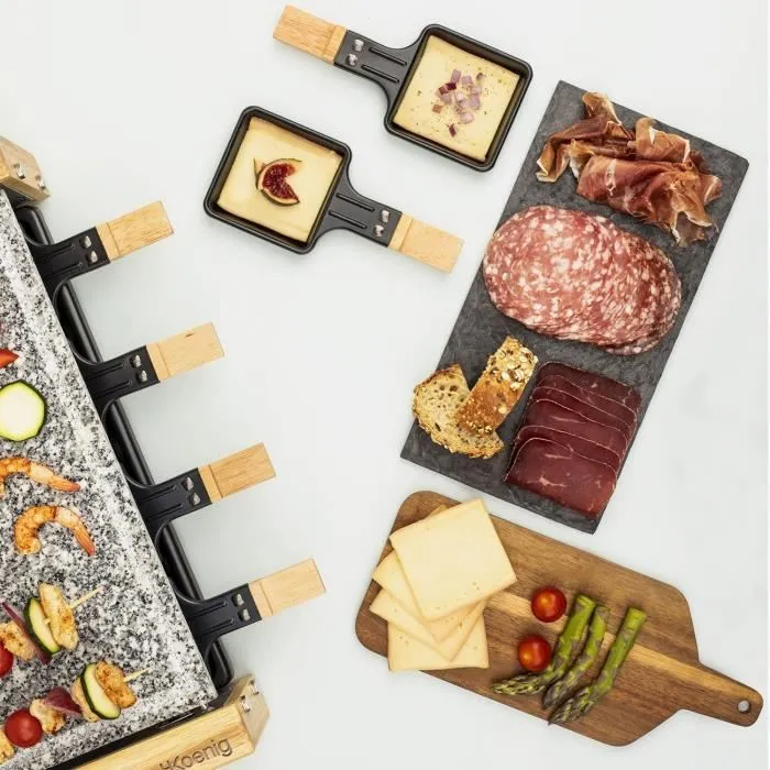 Hkoenig WOD8 Appareil à raclette et grill pour 8 personnes, pierre de cuisson 38x19.5 cm, design bois, 1200W, thermostat réglable