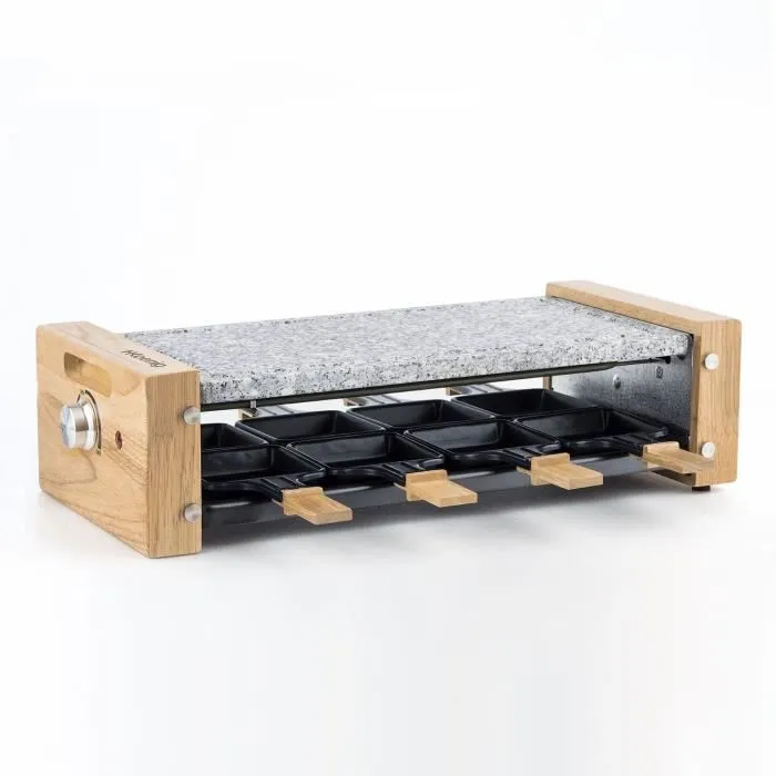 Hkoenig WOD8 Appareil à raclette et grill pour 8 personnes, pierre de cuisson 38x19.5 cm, design bois, 1200W, thermostat réglable