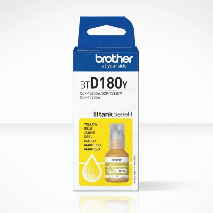 Brother BTD180Y Bouteille d'encre jaune - Rendement 5000 pages - Pour imprimantes DCP-T580DW, T583DW, T780DW Brother BTD180Y Bouteille d'encre jaune - Rendement 5000 pages - Pour imprimantes DCP-T580DW, T583DW, T780DW