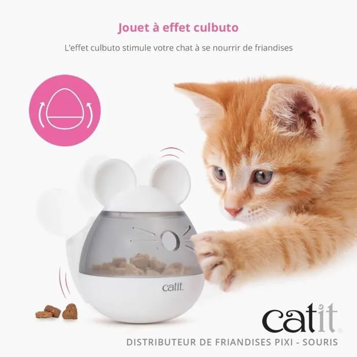 Catit PIXI - Distributeur de friandises pour chat interactif avec effet culbuto et ouverture réglable - Design oreilles de souris - Blanc