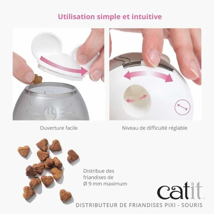 Catit PIXI - Distributeur de friandises pour chat interactif avec effet culbuto et ouverture réglable - Design oreilles de souris - Blanc