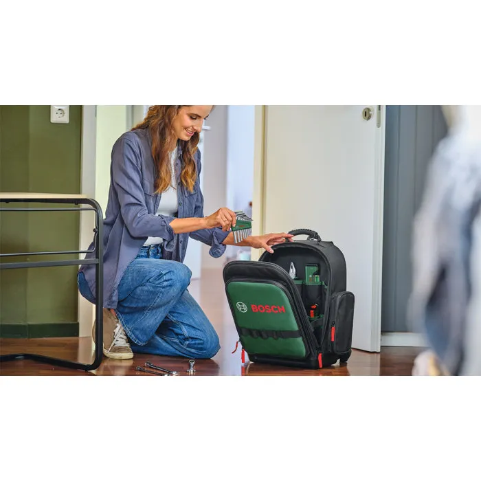 Bosch - Sac à dos à outils 60 pièces complet avec pince, tournevis, marteau, mètre ruban, clés et niveau - Set de bricolage durable et ergonomique Bosch - Sac à dos à outils 60 pièces complet avec pince, tournevis, marteau, mètre ruban, clés et niveau - Set de bricolage durable et ergonomique