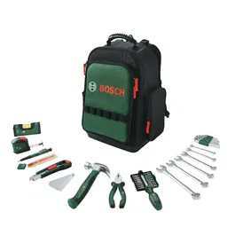 Bosch - Sac à dos à outils 60 pièces complet avec pince, tournevis, marteau, mètre ruban, clés et niveau - Set de bricolage durable et ergonomique