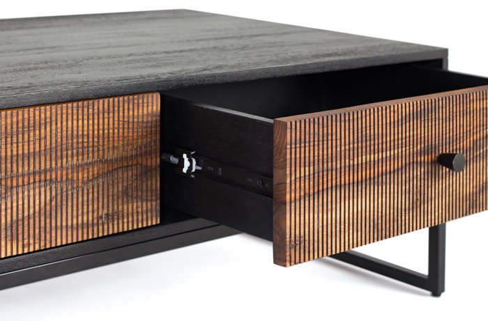 GINER Y COLOMER Table basse en bois de palissandre et manguier avec pieds en métal, 2 tiroirs, 110x60x40 cm, marron et noir