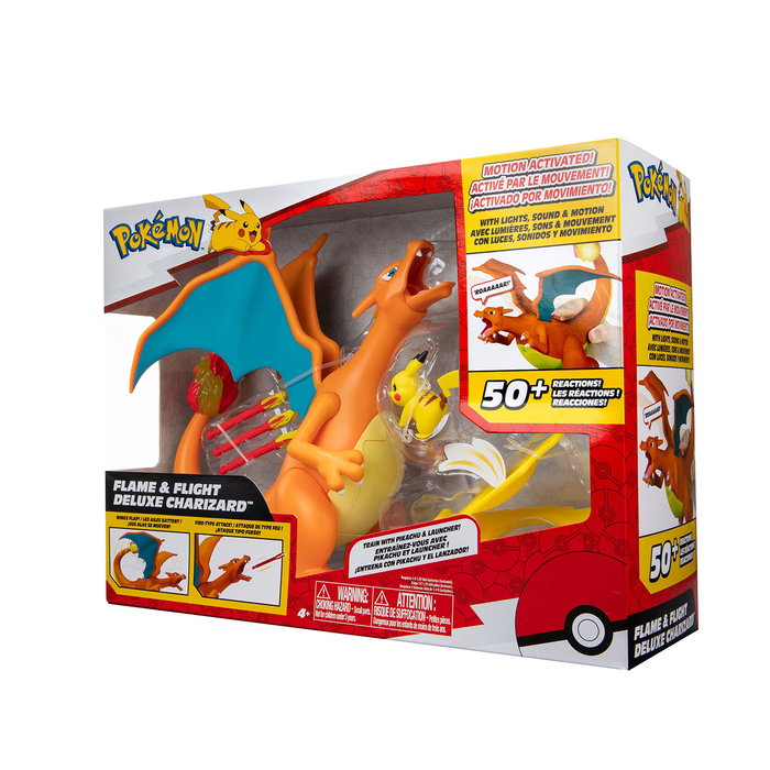 Bizak Pokémon Figurine Électronique Charizard Vs Pikachu 15 cm - Plus de 25 Sons, Lumières et Mouvements Articulés avec Projectiles de Flamme